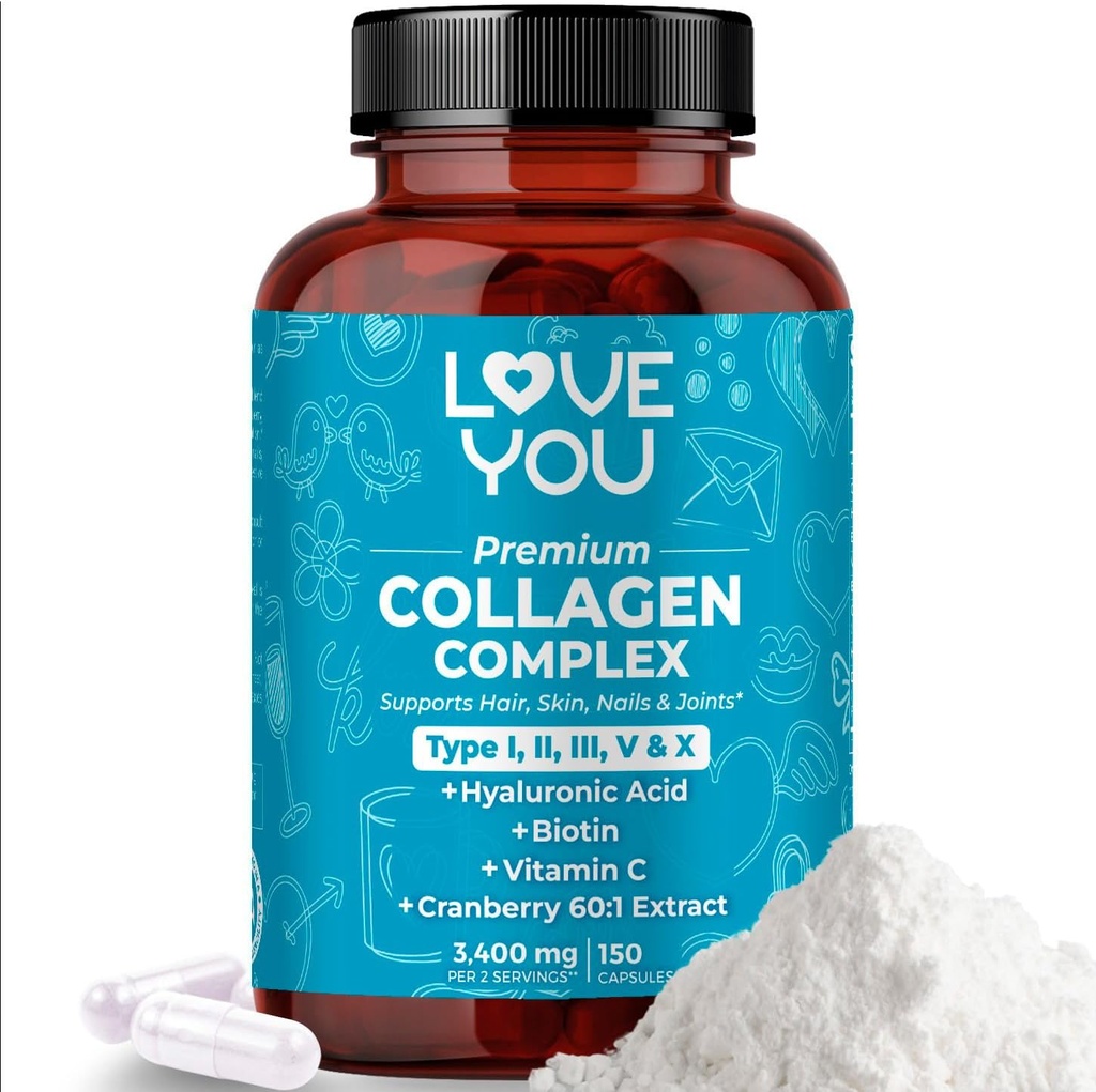 Love You Premium Collagen Complex – Τύποι I, II, III, V & X – Μαλλιά, δέρμα, νύχια, αρθρώσεις & έντερα Υποστήριξη – Hydrolyzed Bovine Collagen Peptides – Grass-Fed, Non-GMO, 120 κάψουλες, ΗΠΑ