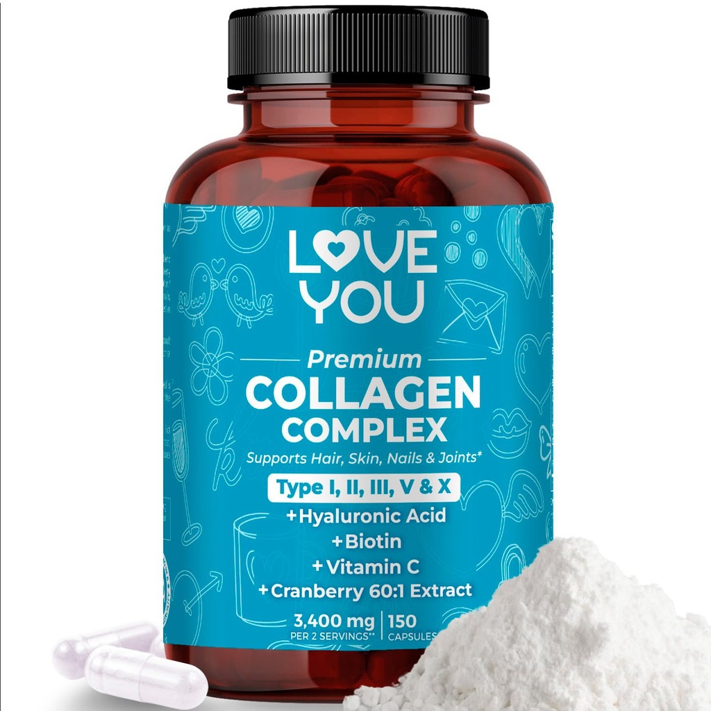 Love You Premium Collagen Complex – Τύποι I, II, III, V & X – Μαλλιά, δέρμα, νύχια, αρθρώσεις & έντερα Υποστήριξη – Hydrolyzed Bovine Collagen Peptides – Grass-Fed, Non-GMO, 120 κάψουλες, ΗΠΑ