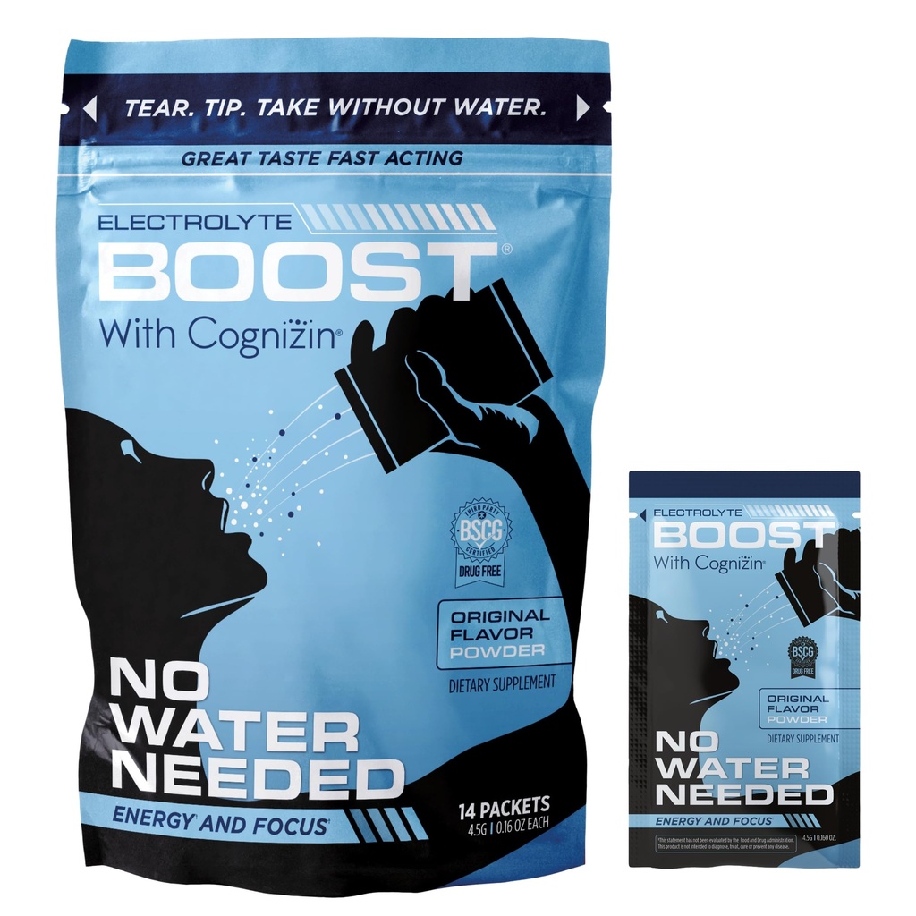 Συσκευασίες σκόνης ηλεκτρολυτών με Cognizin Take Without Water, Hydration Extending Supplement, No Sugar, No Stevia, No Caffeine, No Water Needed, Dissolves in Mouth, 14 Pack