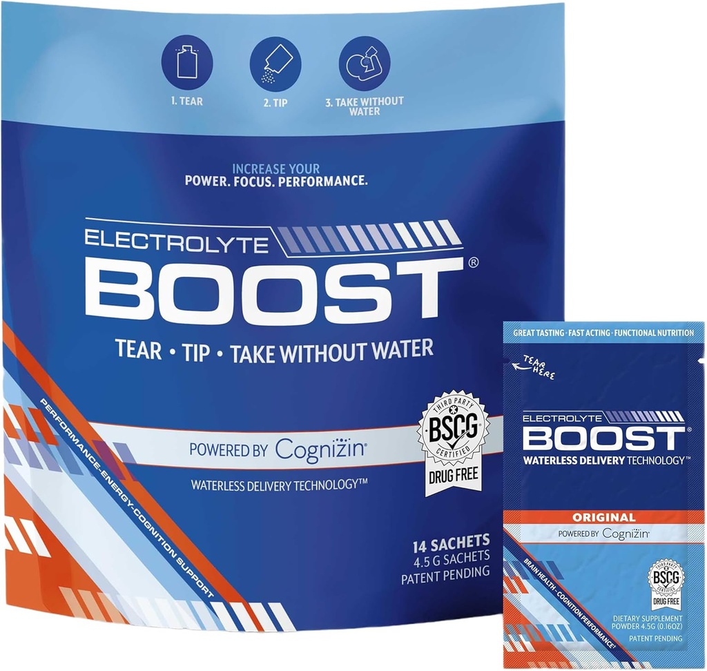 Συσκευασίες σκόνης ηλεκτρολυτών με Cognizin Take Without Water, Hydration Extending Supplement, No Sugar, No Stevia, No Caffeine, No Water Needed, Dissolves in Mouth, 14 Pack