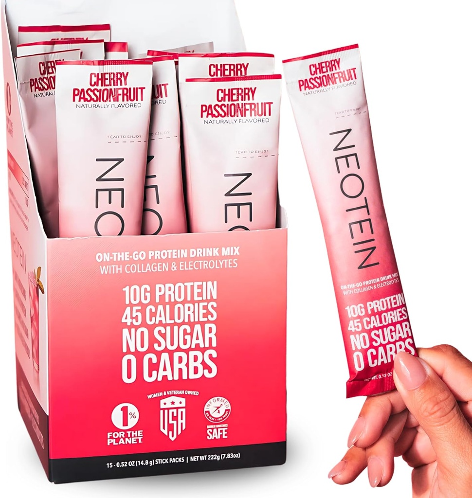 NEOTEIN: Electrolyte Powder Packets, Protein Powder with 10g Protein & Collagen | Hydration Packets - Zero Sugar, NO Fillers, NO Carbs | Cherry Passionfruit | 45 Calories | Keto & Paleo | Pack of 15