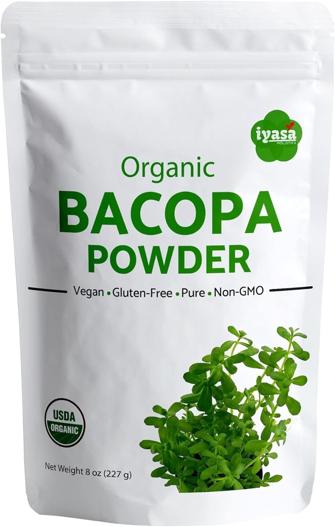 Iyasa Holistics Organic Bakopa Powder (Brahmi Leaf), Certified Organic Ayurveda Superfood, Hair and Brain Tonic, Resealable Pouch of 8 oz