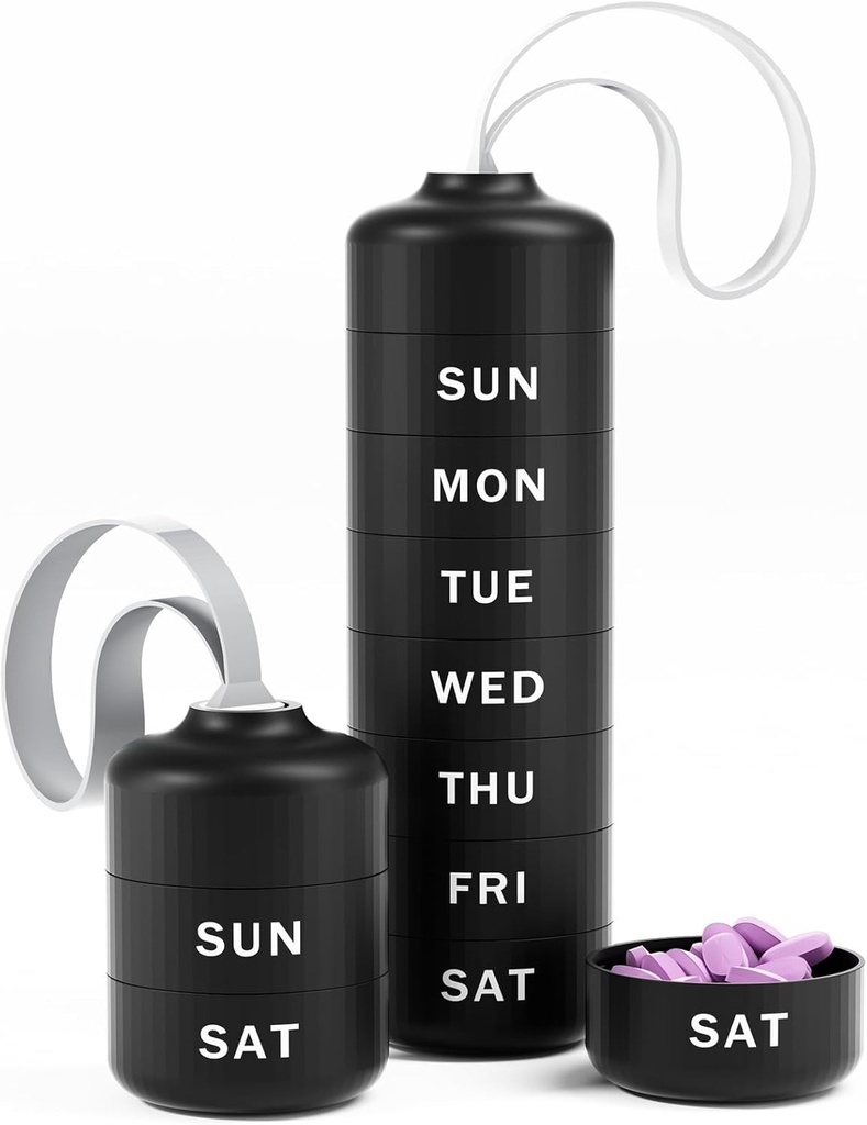 Betife χαριτωμένο διοργανωτής χαπιών, χαριτωμένο εβδομαδιαίο κουτί χαπιών για το ταξίδι, χαριτωμένο καθημερινή περίπτωση χαπιών 7 ημέρα, με 7 μεγάλα διαμερίσματα στοιβασία, Sturdy ABS Hill κάτοχος για την ιατρική συμπλήρωμα βιταμίνης (μαύρο)