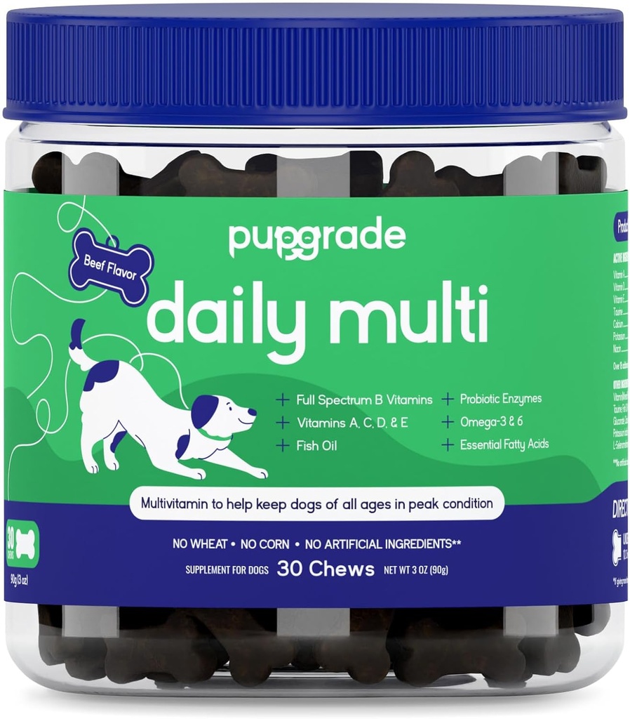 PupGrade Daily Multivitamin for Dogs - All-in-One Supplement for Digestive, Immune, Skin and Coat Health - 32 Healthy Nutrients, Probiotic Enzymes, Omega Fish Oil, Vitamins A, C, D & E - 30 Μαλακά Μασά