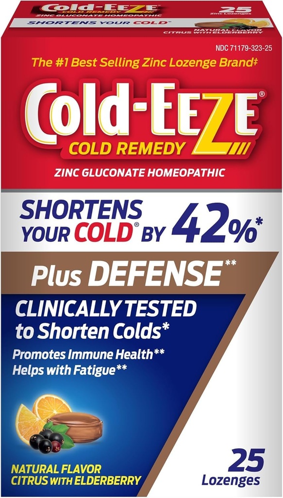 COLD-EEZE Plus Defense Natural Citrus with Elderberry Zinc Lozenges, Homeopathic Cold Remedy, Shortens Common Cold Symptoms, Promotes Immune Health with Sambucus Nigra, Echinacea and Rose Hips, 25 Ct