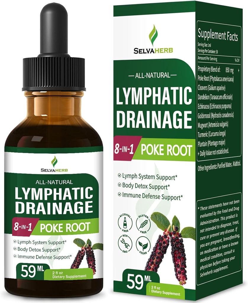 Λεμφικές σταγόνες αποστράγγισης για Lymph System Support, Body Detox & Immune Defense Υποστήριξη βοτανικών συμπληρωμάτων με Poke Root (Phytolacca Americana) Cleavers Dandelion Echinacea Extract. 2oz