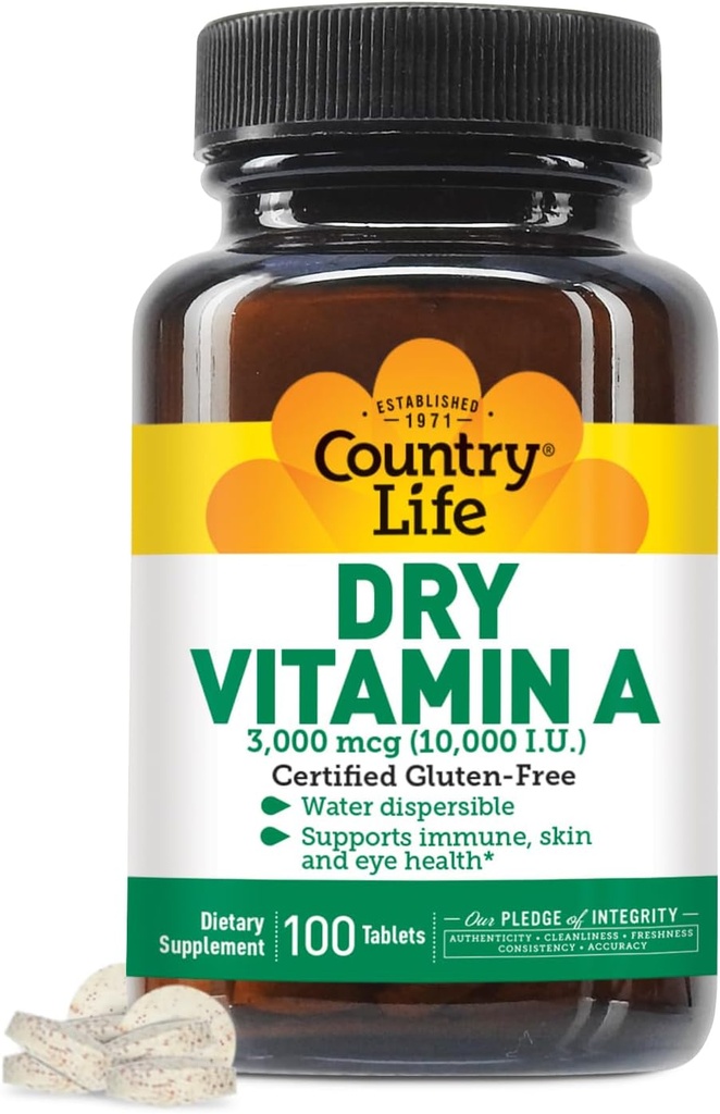 Country Life Vitamin A 10. 000 IU - Immune Support, Skin & Eye Health Supplement, Certified Gluten- Free, Vegan, Hahal, Kosher, 50% Beta- Carotene & 50% Retinyl Palmitate, Εύκολη Απορρόφηση - 100 δισκία