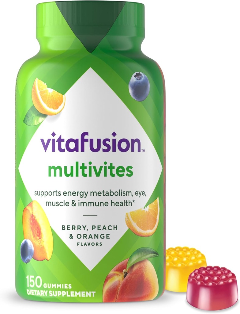 Vitafusion MultiVites Gummy Πολυβιταμίνες για Ενήλικες με 12 Βιταμίνες και Ορυκτά, Berry, Ροδάκινο και Πορτοκαλί Γεύση, Νούμερο 1 Gummy Vitamin Brand, 75 Ημέρα προσφοράς, 150 Count