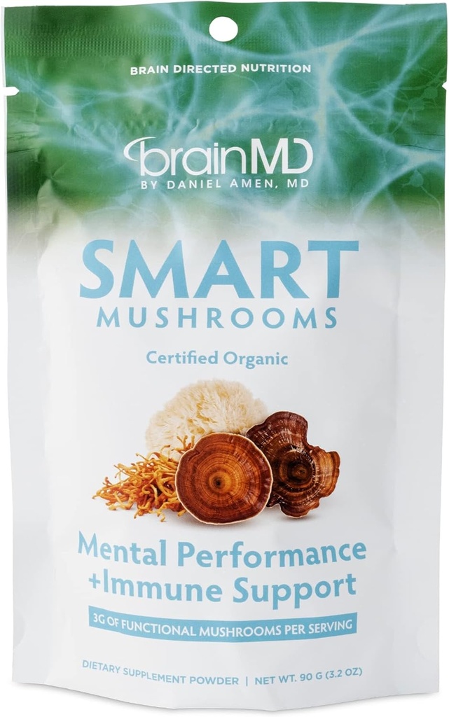 BRAINMD Dr Amen Smart Μανιτάρια - 3.2 oz - Διανοητική απόδοση + Ανοσολογική υποστήριξη - Vegan, GMO δωρεάν, χωρίς γλουτένη - 30 εξυπηρετούν
