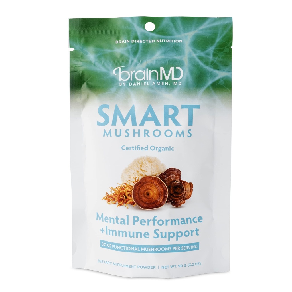 BRAINMD Dr Amen Smart Μανιτάρια - 3.2 oz - Διανοητική απόδοση + Ανοσολογική υποστήριξη - Vegan, GMO δωρεάν, χωρίς γλουτένη - 30 εξυπηρετούν