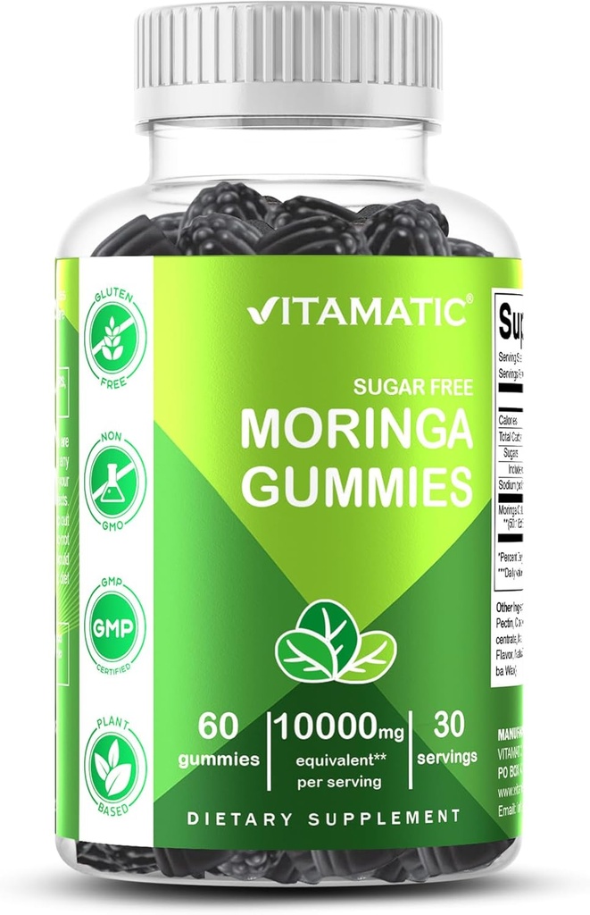 Vitamatic Sugar Free Moringa Gummies – 10.000 mg Ισοδύναμο ανά σερβίρισμα (από 200 mg των 50:1 Extract) – Green Superfood Supplement – 60 Pectin Based Vegan Gummies – Χωρίς ζάχαρη Προστέθηκε
