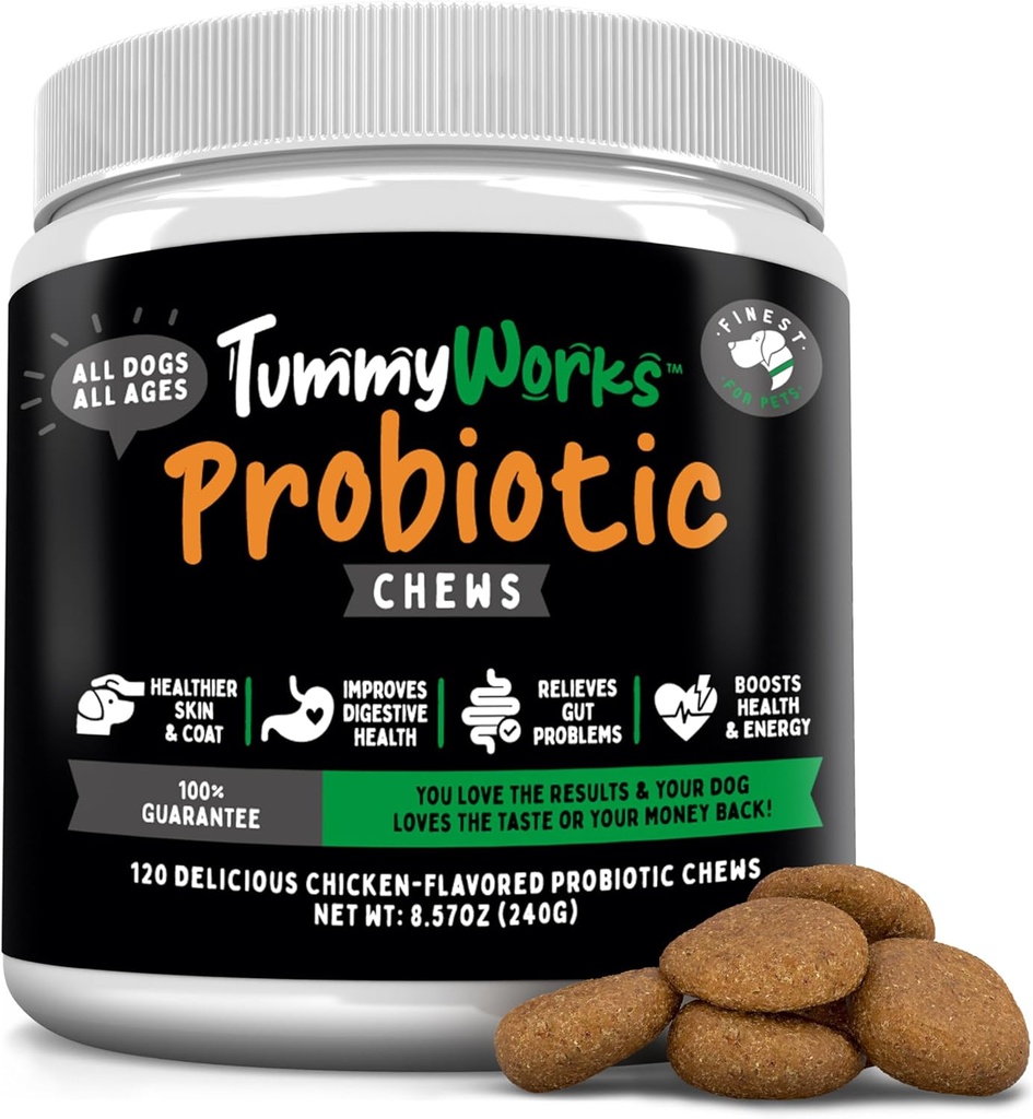 TummyWorks Probiotic 120 Μαλακά μάσημα για σκύλους Όλες τις ηλικίες - Υποστηρίζει Digestive Υγεία, Ανακουφίζει Διάρροια, Δυσκοιλιότητα, Καλό για φαγούρα, Αλλεργίες, Λοιμώξεις της μαγιάς. Προστιθέμενα Digestive Enzymes, Made in USA