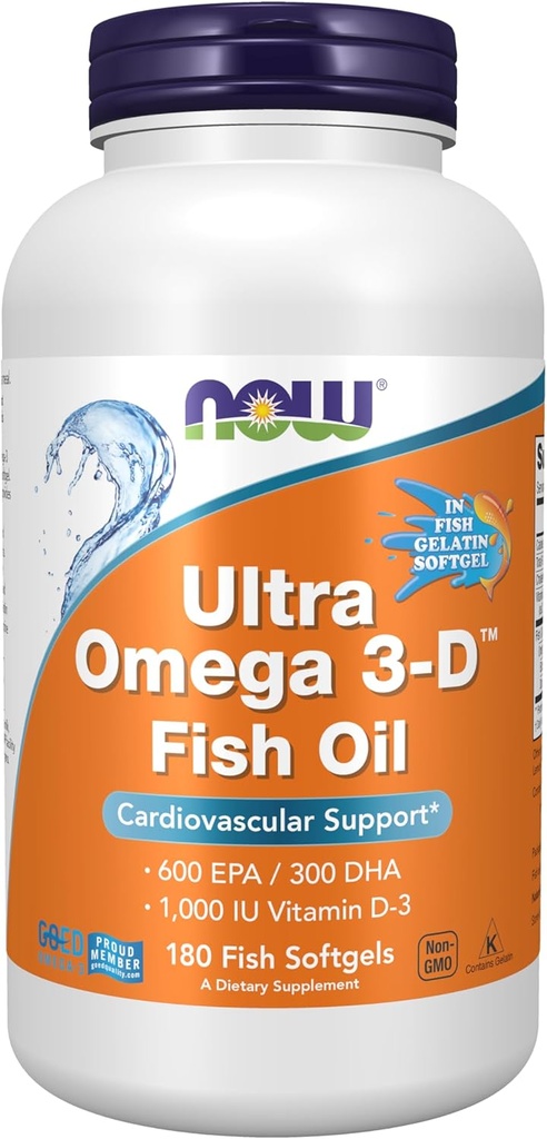 NOW Συμπληρώματα τροφίμων, Ultra Omega 3-DTM, Omega-3 ιχθυέλαιο + βιταμίνη D-3, Καρδιαγγειακή υποστήριξη*, 180 Softgels