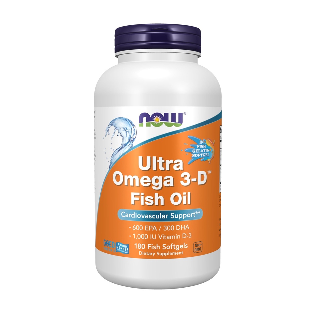 NOW Συμπληρώματα τροφίμων, Ultra Omega 3-DTM, Omega-3 ιχθυέλαιο + βιταμίνη D-3, Καρδιαγγειακή υποστήριξη*, 180 Softgels