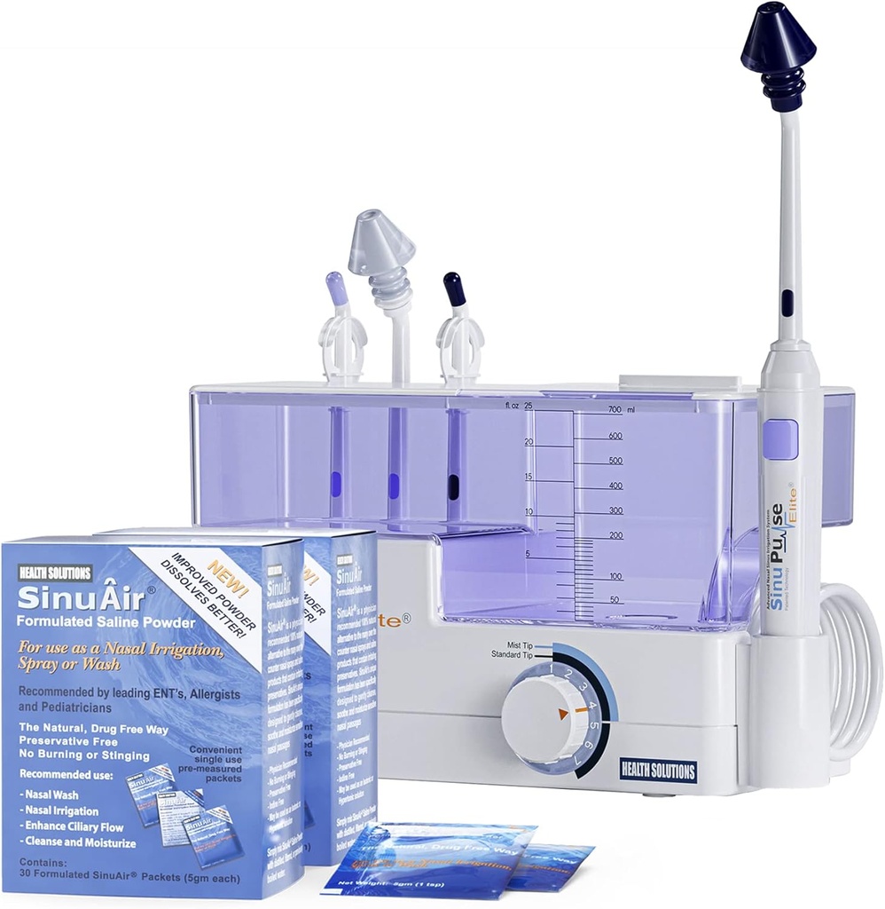 SinuPulse Elite Advanced Nasal Irigation System - Pulsating Sinus Confestion Relief & Sinus Sinus Rinse Machine, πιο αποτελεσματικό από το Neti Pot, τη μύτη Spray ή το Nasινικό Wash Bottle, με 90 SinuAir Packets