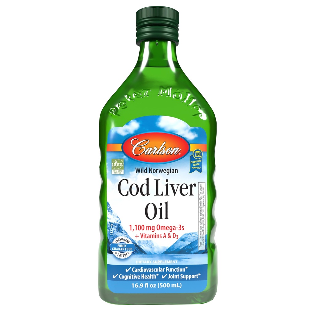 Carlson - Cod Liver Oil, 1100 mg Omega-3s, Wild-Caught Norwegian Arctic Cod-Liver Oil, Sustainably Sourced Nordic Fish Oil Liquid, Unflavored, 500 ml (16.9 Fl Oz)
