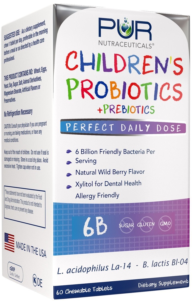 Children's Probiotics + Prebiotics, 60 Chewable Tablets | 6 Billion CFUs/Serving, 2 Month Supply, with Sunfiber® & FOS for 10X More Effectiveness, 100% All Natural, Made in USA