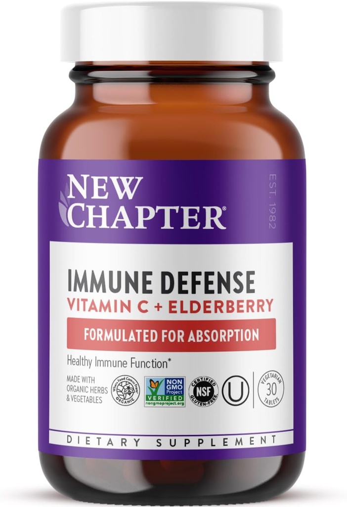 New Chapter® Vitamin C Immune Defense Supplement + Elderberry – Εξαιρετική Πηγή Βιταμίνης C, One Daily Tablet for Healthy Immune Support, Made with Organic Herbs, Non-GMO, Gluten Free, 30 ct