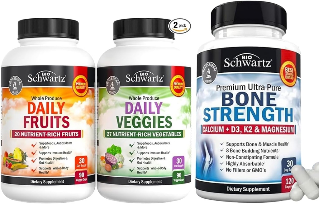BioSchwartz Daily Fruits and Veggies Supplement for Women and Men (1 Month Supply) Plus Bone Strength Mineral Supplement with Calcium and Magnesium (1 Month Supply)