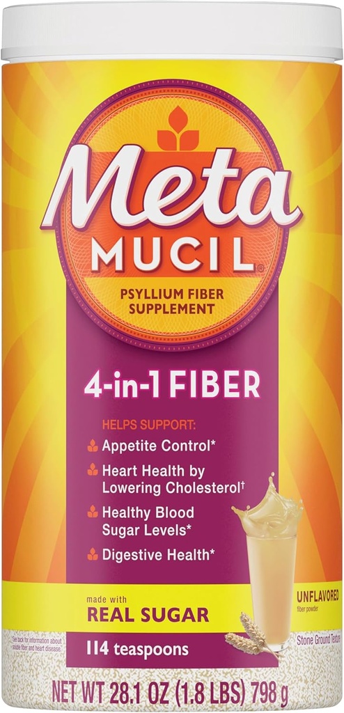 Metamucil, Psyllium Husk Powder, Unflavored Original Texture, with Sugar, 114 services, 4-in-1 Fiber Supplement, Daily Psyllium Husk Fiber Powder Help Support Digestive Health by Promotion Regularity*