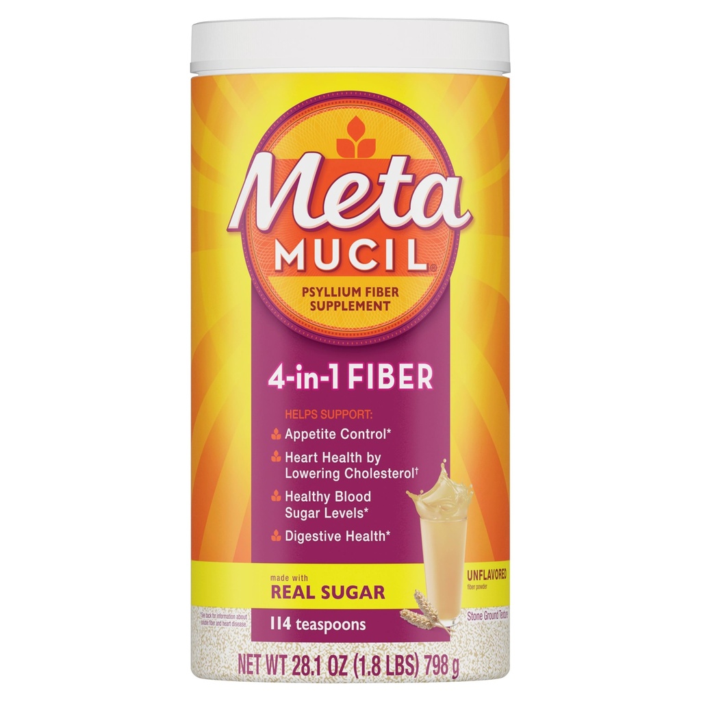 Metamucil, Psyllium Husk Powder, Unflavored Original Texture, with Sugar, 114 services, 4-in-1 Fiber Supplement, Daily Psyllium Husk Fiber Powder Help Support Digestive Health by Promotion Regularity*