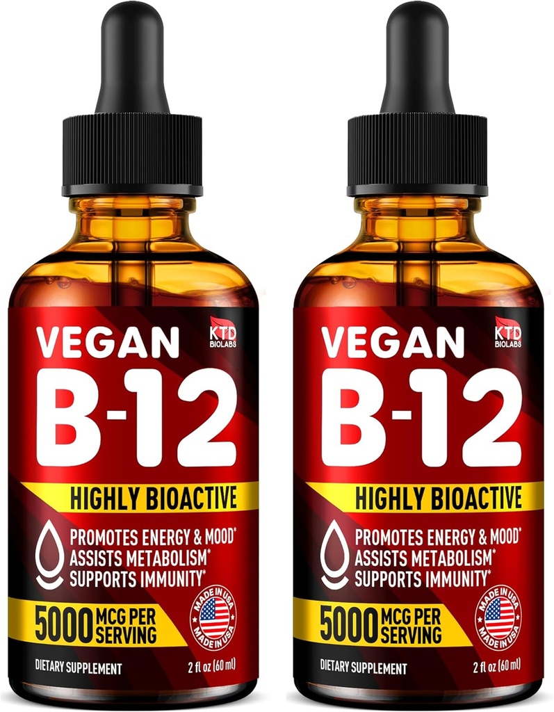 Pack of 2 - B12 Sublingual 5000 mcg Drops - Made in USA - Vegan B12 Vitamins for Energy, Mood & Memory - Highly Bioavailable Sublingual Drops - Methylcobalamin for Women & Men - 2 fl. oz.
