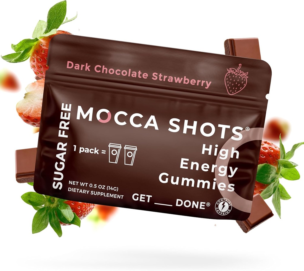 SGC Υψηλότερη συγκέντρωση 100mg καφεΐνη ανά Gummy, 2 Gummies ανά πακέτο, 6-Pack Mocca Shots Sugar-Free Strawberry Plant-Based nootropic Instant Energy with Ginkgo biloba, Theobromine.