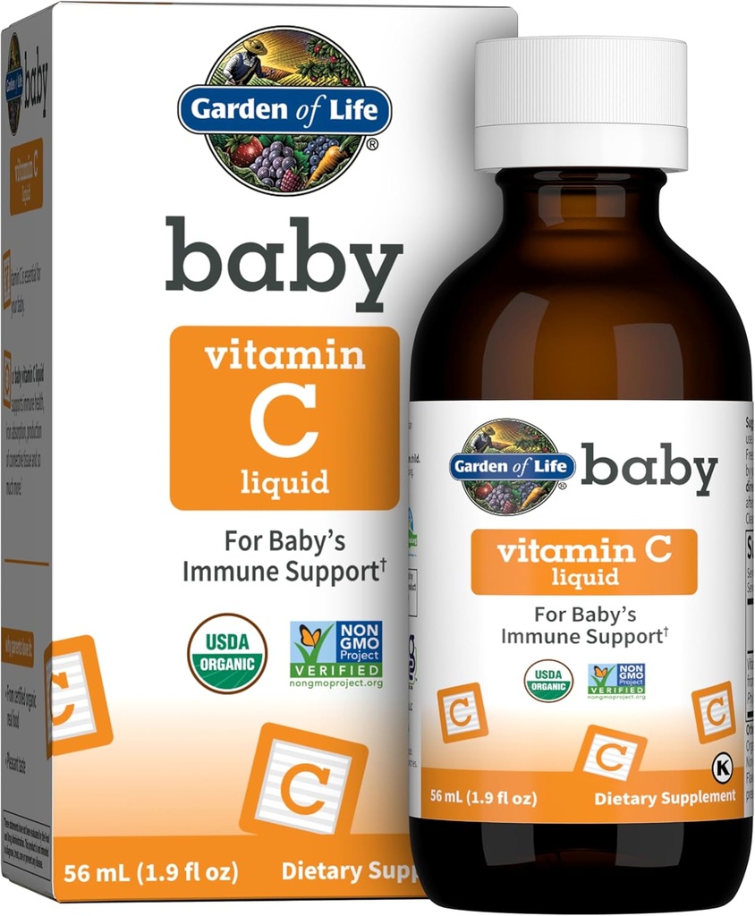 Κήπος Ζωής Baby Vitamin C σταγόνες για μωρά και Toddlers, Βιολογική Υγρή βιταμίνη τροφίμων C 45mg Ανοσοποιητική υποστήριξη για μωρά από τα φρούτα Amla, Citrus Γεύση, Vegan & Χωρίς γλουτένη, 56 mL (1.9 fl oz)