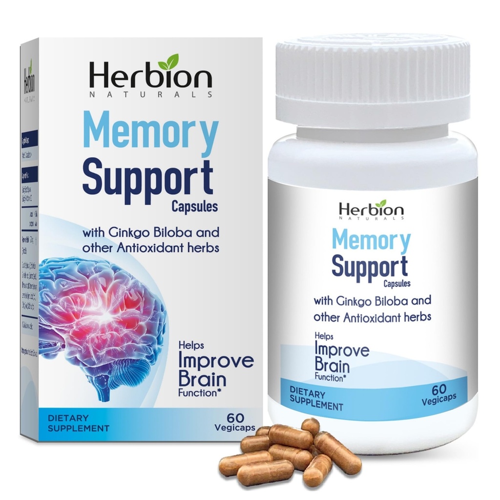 HERBION Naturals Κάψουλες υποστήριξης μνήμης, βοηθά στη βελτίωση της λειτουργίας του εγκεφάλου & απών μυαλό, διατηρεί υγιή επίπεδα διάθεσης με Ginkgo Biloba, για ενήλικες, 60 κόμης, πακέτο του 1