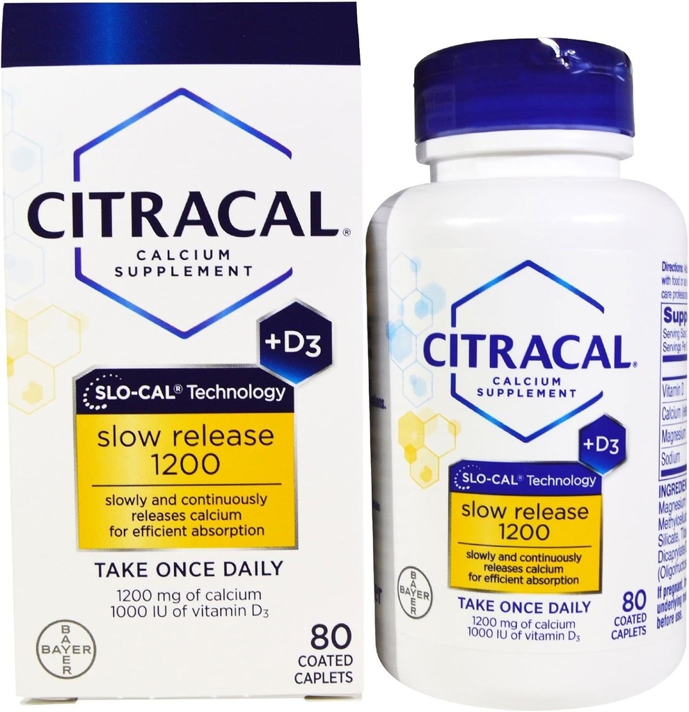 Citracal Calcium Slow Release 1200 + D3 Supplement Coated Caplets - 80 ct, Pack of 3