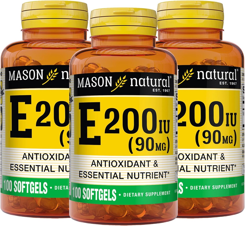 MASON ΦΥΣΙΚΗ Βιταμίνη Ε 90 mg (200 IU) - Αντιοξειδωτικό και Ουσιαστικό Θρεπτικό, Υγιές Ανοσοποιητικό Σύστημα, Δέρμα και Μάτια, Συμπληρώματα Σώματος, 100 Softgels (Συσκευασία των 3)