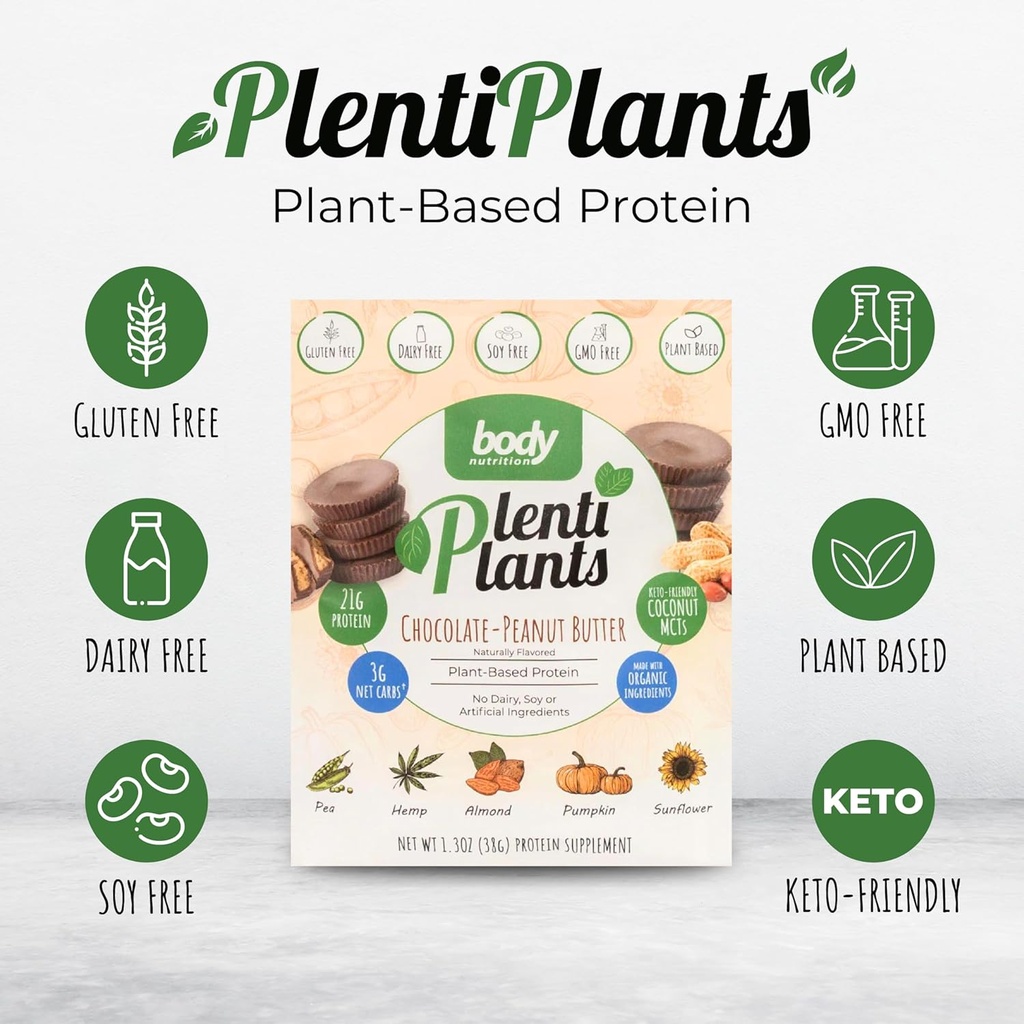 Body Nutrition PlentiPlants Plant Based Protein Powder, Dairy-Free Protein Without Soy or Artificial Ingredients, Naturally Flavored Organic Plant Protein Shake, Chocolate Peanut Butter, 38 g