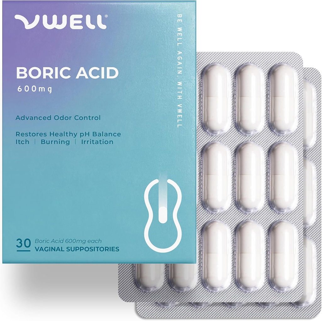VWELL Boric Acid Κολπικά Υποθετικά - Διατηρεί και Ισορροπεί Υγιές Κολπικό pH & Microbiome για να διαχειριστεί Odor Itch Φλεγόμενη Ιδρωτική Ιδρωσιμότητα - Γιατροί Συνιστάται (One size, 30, Count)