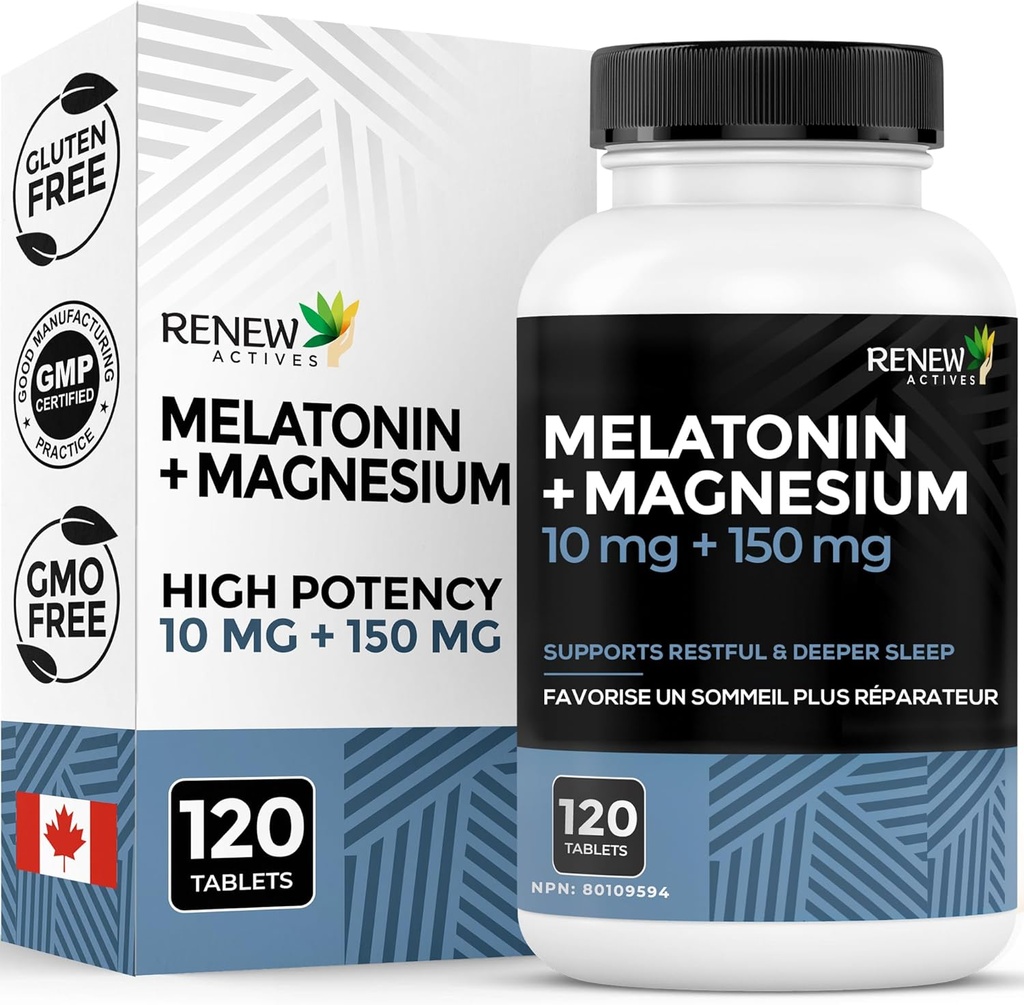 RENEW ACTIVES Μελατονίνη 10MG με Μαγνήσιο 150MG Sleep Aid per Serving – Υποστηρίζει την ενεργοποίηση ύπνου, Jet Lag Relief, Tisus Formation & Electrolyte Balance for Restful Sleep – Made in Canada – 120 Κάψουλες