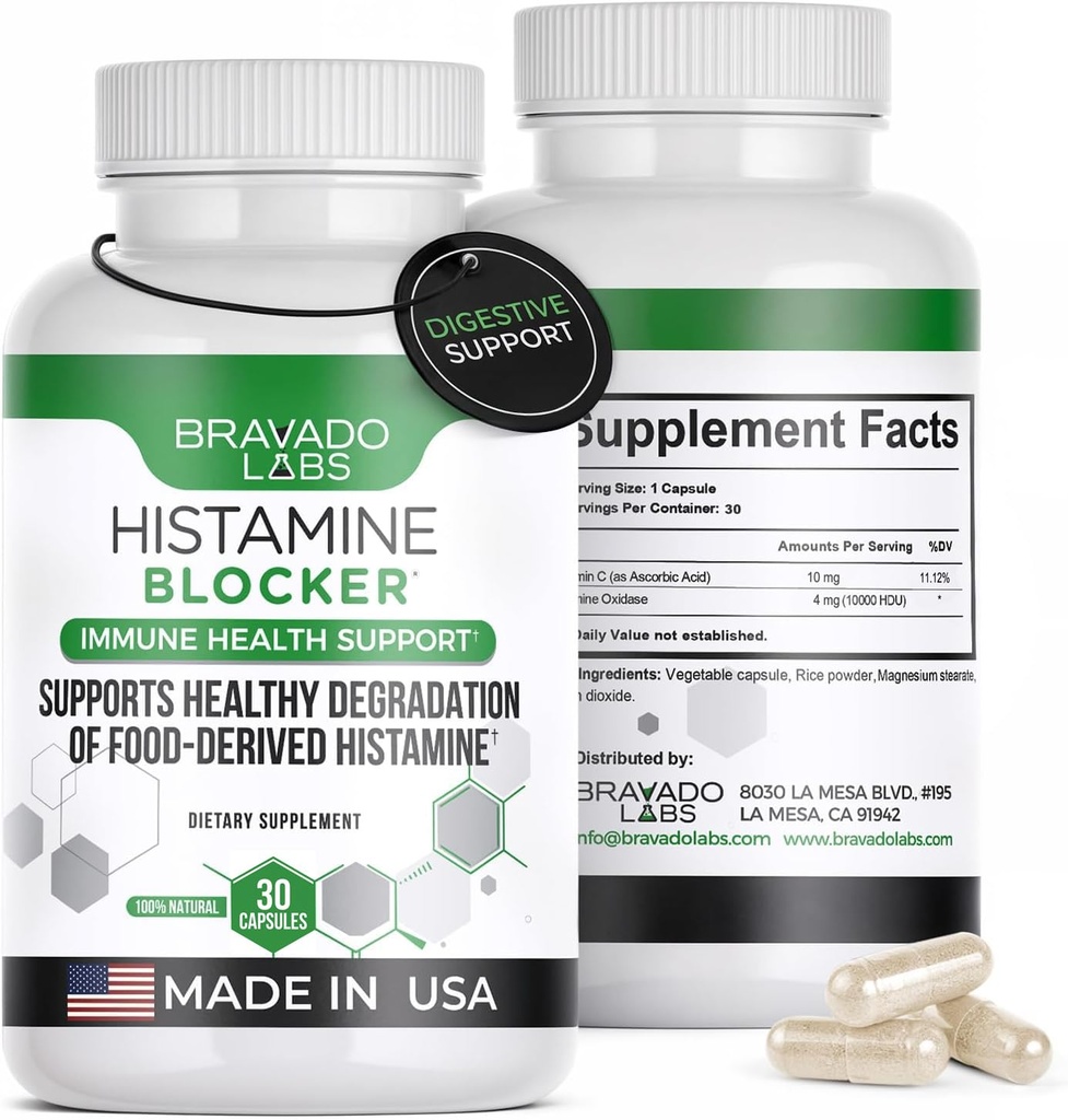 Εργαστήρια Bravado DAO Συμπληρώματα Blocker ισταμίνης - DAO Enzyme + Diamine Oxidase & Βιταμίνη C για την καθημερινή ισταμίνη Μεταβολισμός & Ανοσολογική Υποστήριξη - 30 ct
