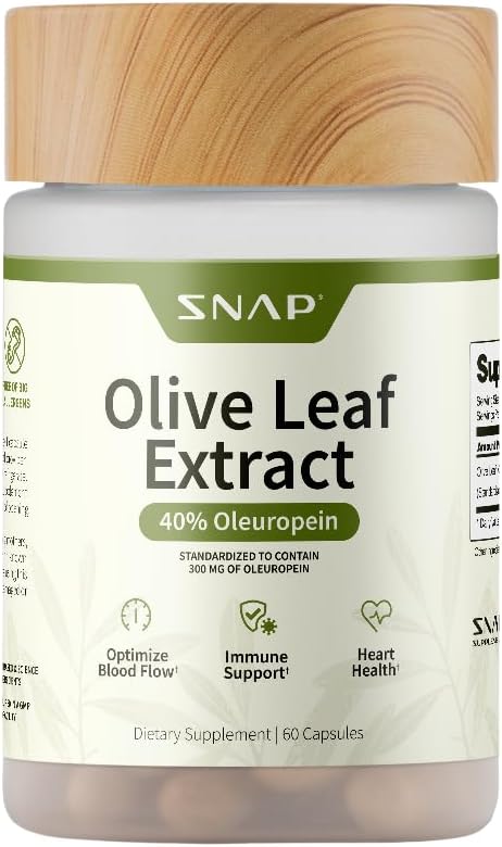 Snap Συμπληρώματα Olive Leaf Extract Κάψουλες - Σούπερ δύναμη 40% Oleuropein για την υποστήριξη της ροής του αίματος, βελτίωση της πέψης, αντιοξειδωτικό συμπλήρωμα ενίσχυσης, βελτίωση της λειτουργίας του εγκεφάλου (60 κάψουλες)