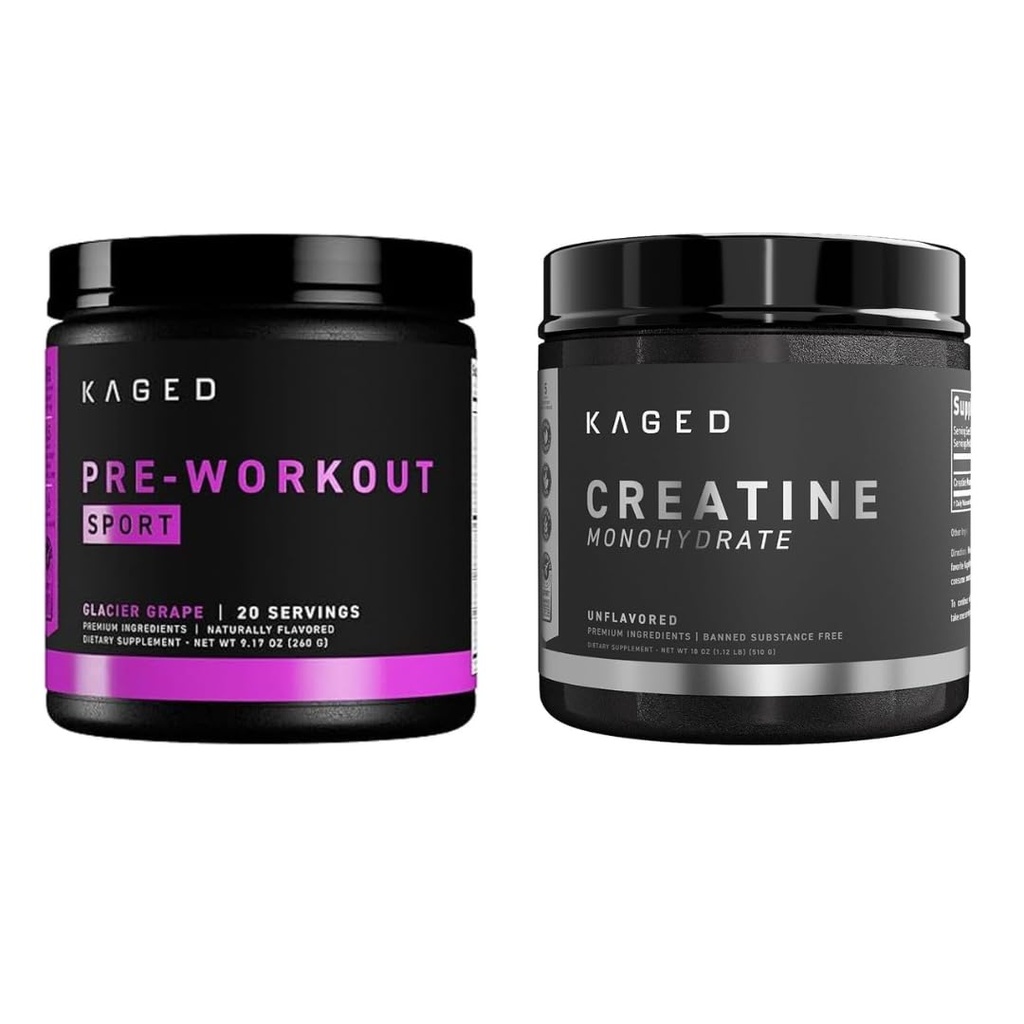 Kaged Pre Sport Pre Processing Powder Glacier Grape Creatine Monohydrate Micronized Powder Bundle, Energy & Muscle Recovery Supplement Pack, 20 Services Pre-Workout + 100 Services Creatin
