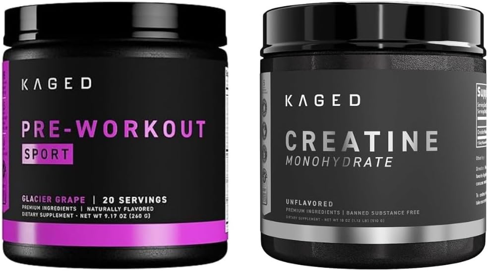 Kaged Pre Sport Pre Processing Powder Glacier Grape Creatine Monohydrate Micronized Powder Bundle, Energy & Muscle Recovery Supplement Pack, 20 Services Pre-Workout + 100 Services Creatin
