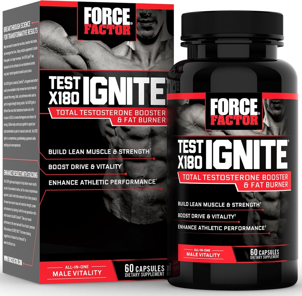 FORCE FACTOR Test X180 Ignite Total Testosterone Booster for Men with Fenugreek Seed and Green Tea Extract to Build Lean Muscle, Boost Energy, and Groot Performance, 60 Count