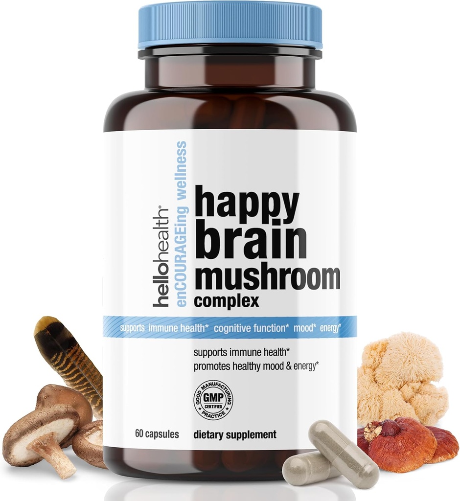 Happy Brain Mushroom Complex Nootropics Brain Support Supplement, 10 Mushroom Supplement: Lions Mane, Turkey Tail, Red Reishi, Shiitake Mushrooms for βελτιωμένη σαφήνεια, ενέργεια, ανοσοποιητική υποστήριξη 60ct. 4pk