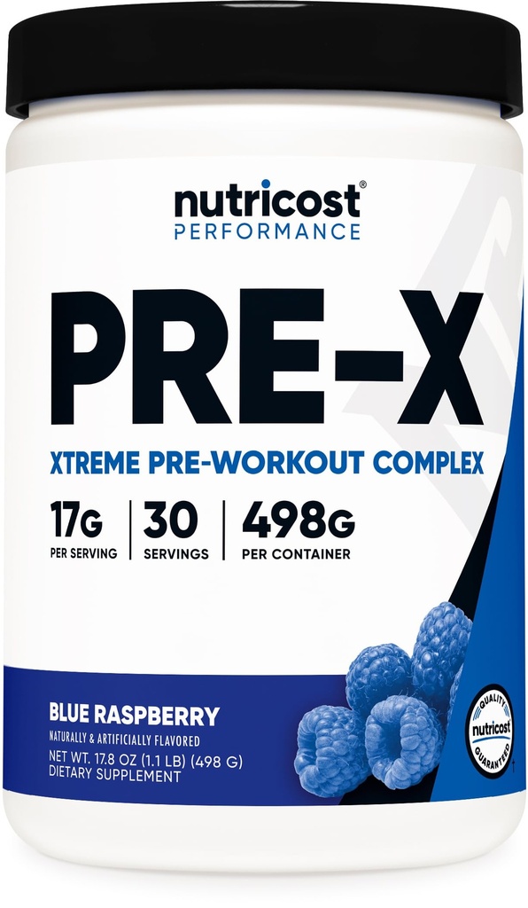 Nutricost Pre-X Xtreme Σύμπλεγμα σκόνης πριν από την προπόνηση, μπλε σμέουρο, 30 υπηρεσίες, χορτοφάγους, μη ΓΤΟ και χωρίς γλουτένη