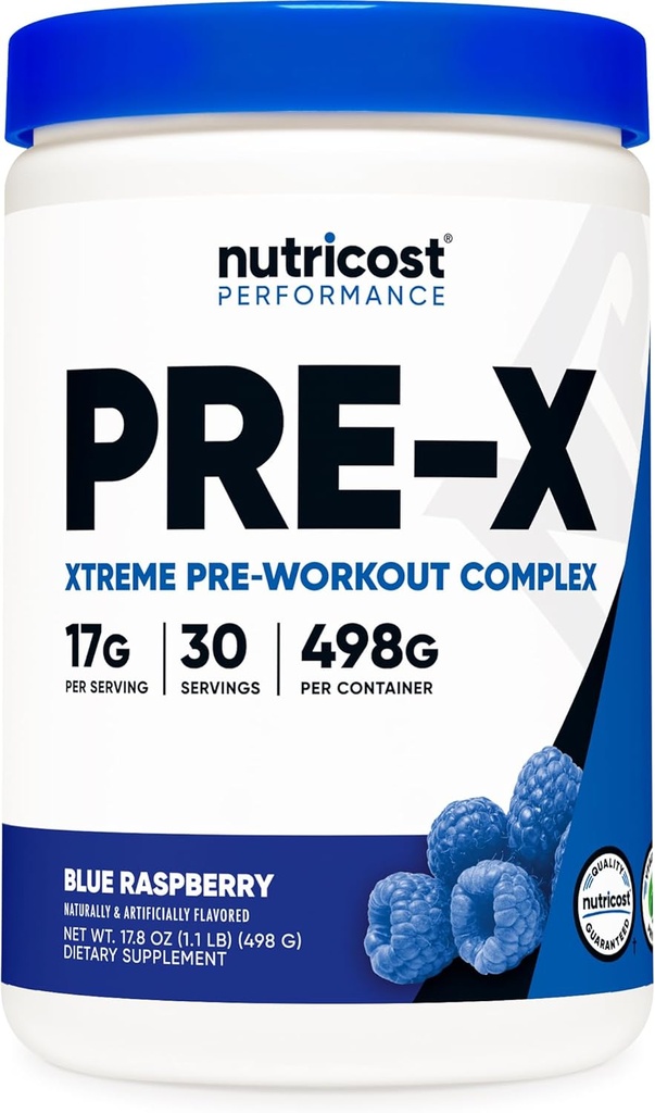 Nutricost Pre-X Xtreme Σύμπλεγμα σκόνης πριν από την προπόνηση, μπλε σμέουρο, 30 υπηρεσίες, χορτοφάγους, μη ΓΤΟ και χωρίς γλουτένη
