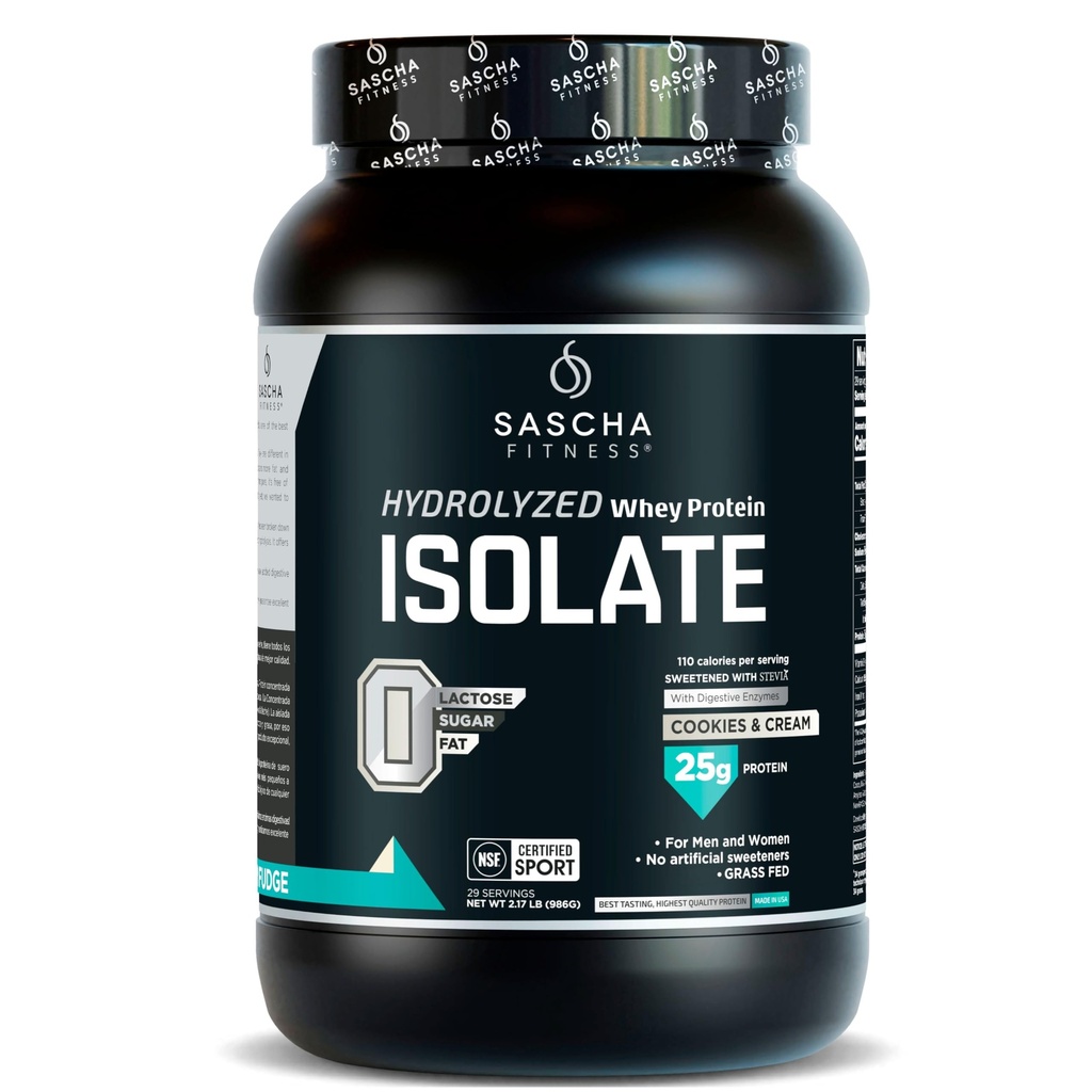 SASCHA FITNESS Υδρολυμένη πρωτεΐνη Whey Isolate, 100% Grass-Fed (2 Λίρες, Cookies & Κρέμα)