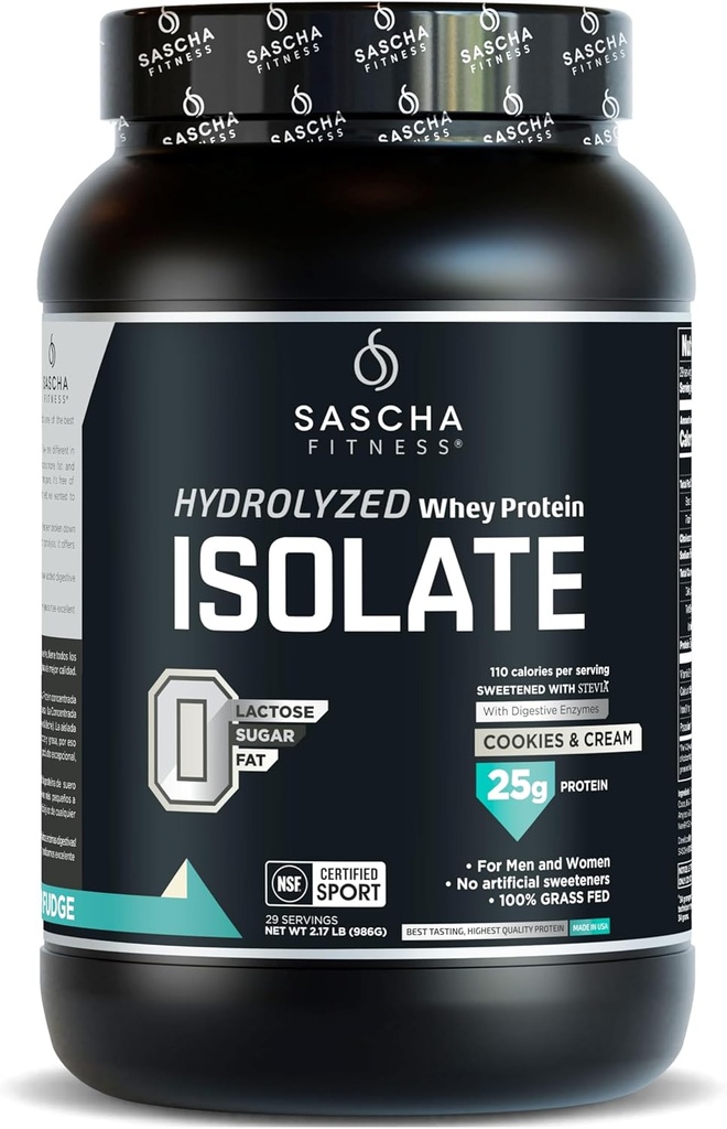 SASCHA FITNESS Υδρολυμένη πρωτεΐνη Whey Isolate, 100% Grass-Fed (2 Λίρες, Cookies & Κρέμα)