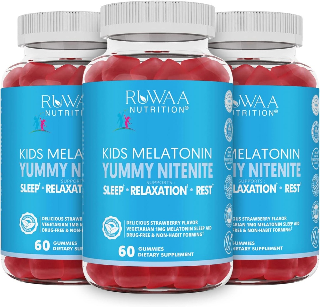 Melatonin 1mg Gummies for Kids, Safe, Drug-Free & Effective Natural Sleep Aid Supplement for Children. Kids 1mg Melatonin Gummy, Gluten-Free Vegetarian Restful Sleep Products for Ages 4+. 180ct (3)