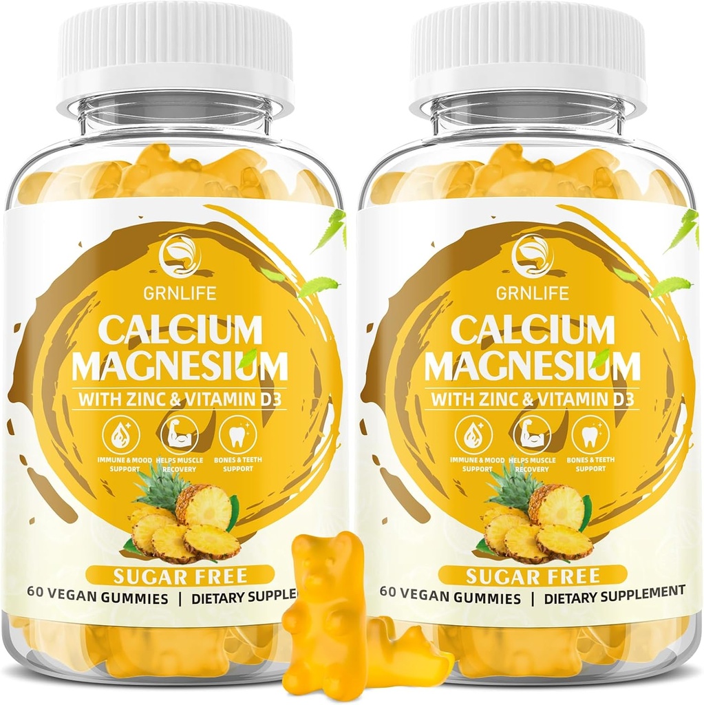 Ασβέστιο Μαγνήσιο Ψευδάργυρος Gummies με βιταμίνη D3, Ζάχαρη Δωρεάν Λίπη ασβεστίου για γυναίκες άνδρες, Μαγνήσιο υψηλής ισχύος για τα οστά & τους μυς & ανοσοποιητικό υγεία, ανανά γεύση - 120 κόμης