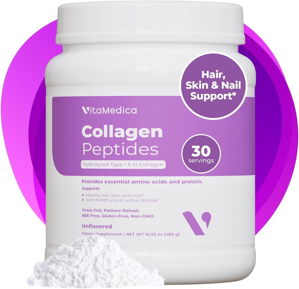 VitaMedica Collagen Peptides Peptides Powder for Women & Men - Υγιή μαλλιά, δέρμα, νύχια, οστά και αρθρώσεις - Υδρολυμένοι τύποι I & III, Grass-Fed, Pasture-Raied Protein, Zero Sugar - 30 Μερίδες
