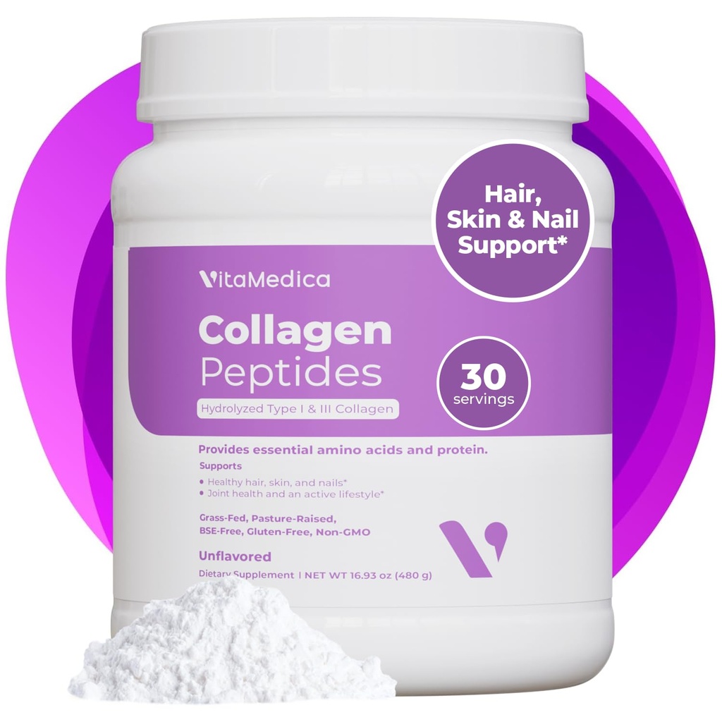 VitaMedica Collagen Peptides Peptides Powder for Women & Men - Υγιή μαλλιά, δέρμα, νύχια, οστά και αρθρώσεις - Υδρολυμένοι τύποι I & III, Grass-Fed, Pasture-Raied Protein, Zero Sugar - 30 Μερίδες