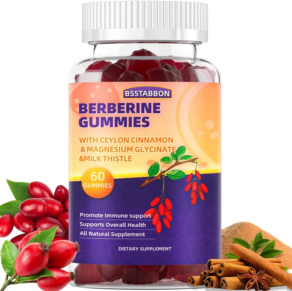 Berberine Gummies with Berberine HCL,Ceylon Cinnamon,Magnesium Glycinate Immune System Support for Men and Women 60Gummies