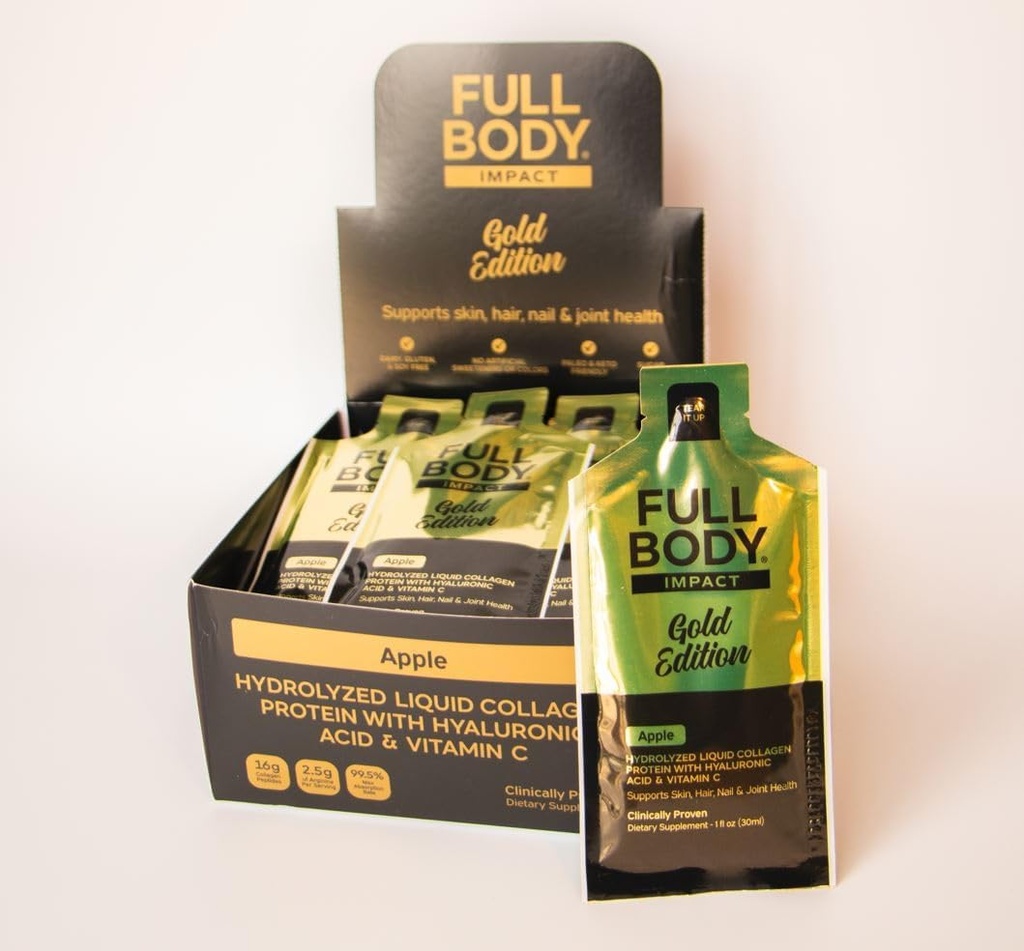 Υγρή πρωτεΐνη κολλαγόνου w/Hyaluronic Acid & Vitamin C - Gold Edition (Apple), 16.000mg (16g) Hydrolyzed Collagen Peptides Supplement - 1oz Packets (Box of 24)